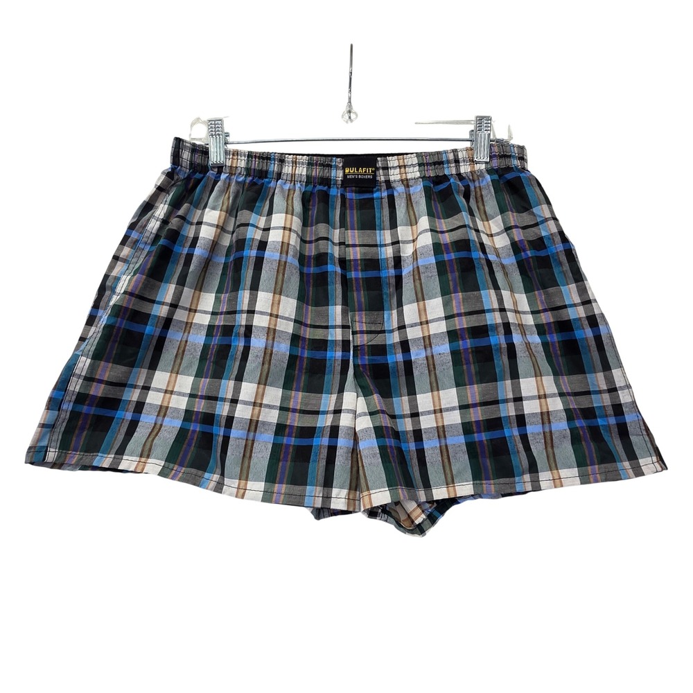 DULAFIT Mens Boxers XXL Blue Black White Plaid 100% Cotton Elastic Waist